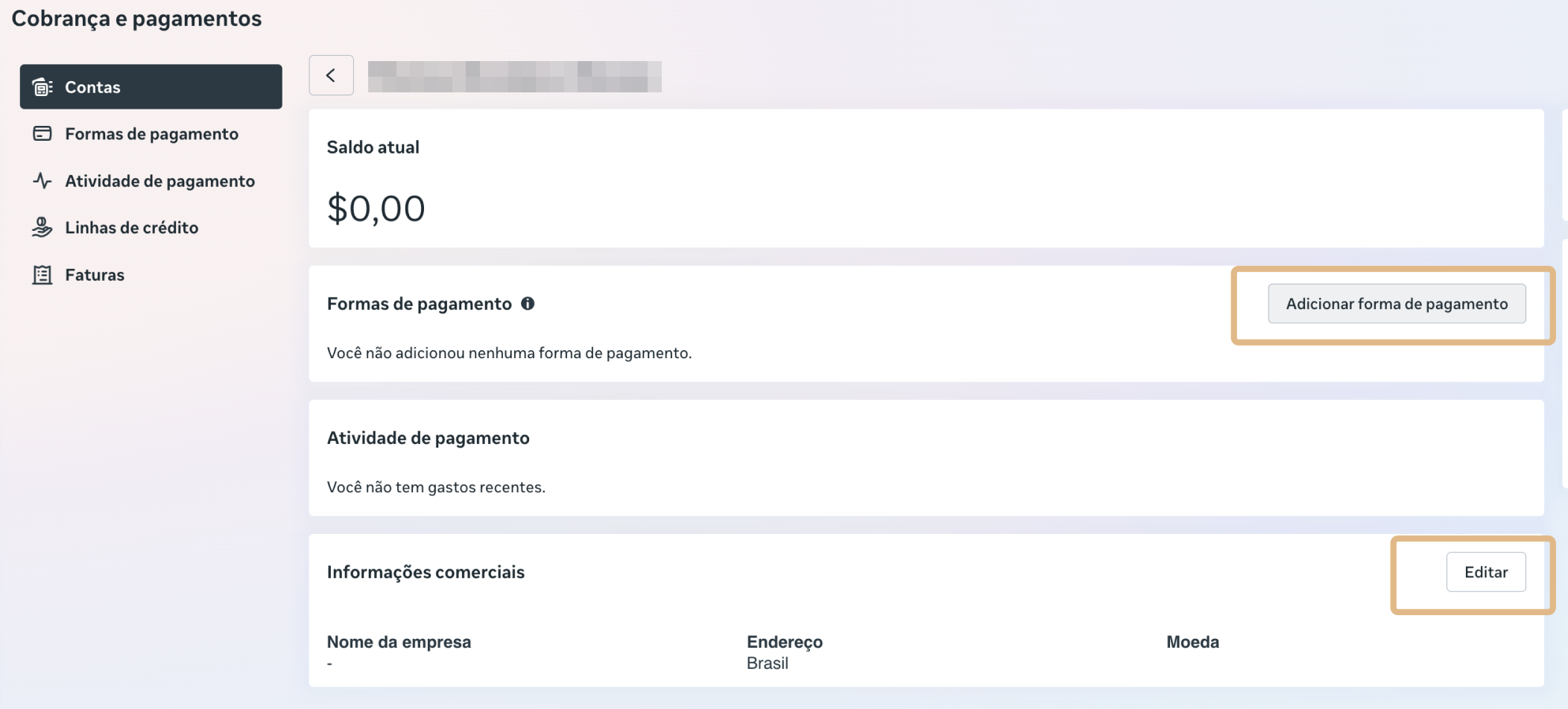 Tela Cobrança e pagamentos da conta, com o botão Adicionar forma de pagamento e, mais abaixo, o botão Editar das Informações comerciais