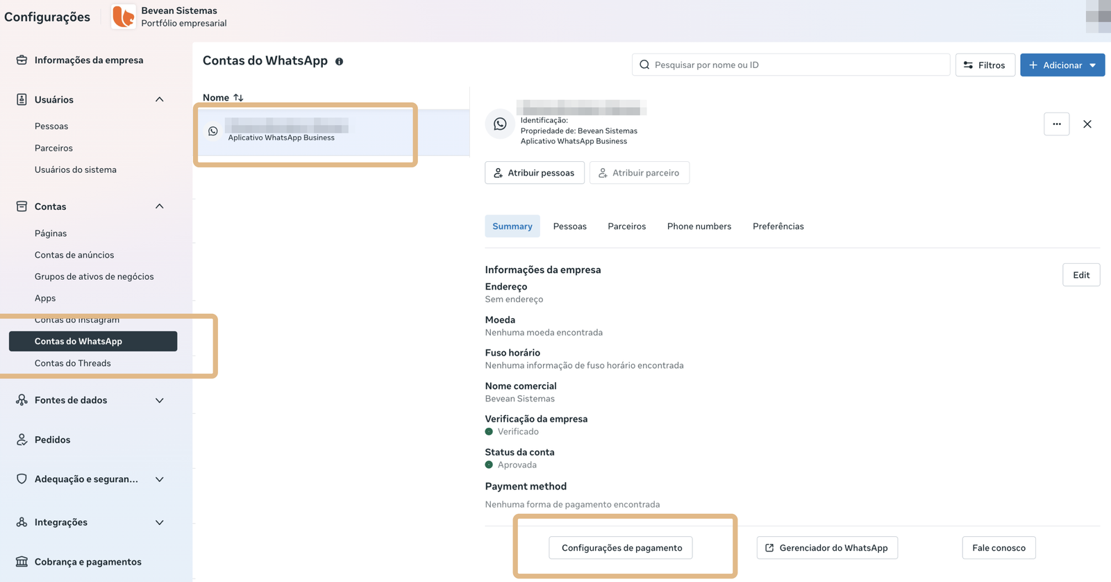 Tela Contas do WhatsApp nas configurações do Business Manager, com Contas do WhatsApp selecionado no menu, a conta escolhida na lista e o botão Configurações de pagamento no fim da aba Summary