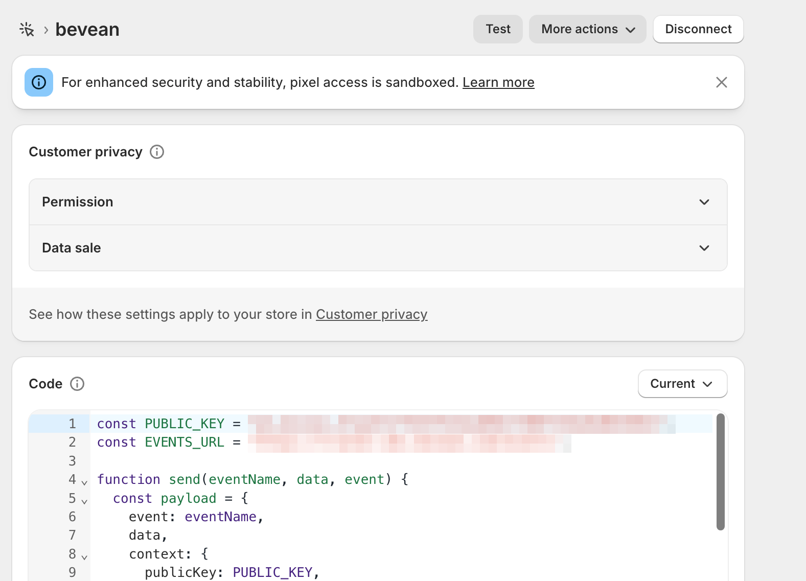 Página do pixel bevean na Shopify, com os botões Test, More actions e Disconnect no topo, a seção Customer privacy com Permission e Data sale, e o editor com o código colado