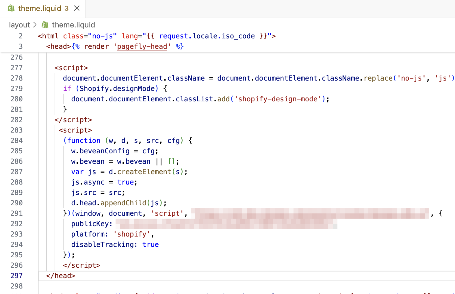 Editor de código da Shopify com o arquivo theme.liquid aberto, mostrando o código da Bevean dentro da tag head, logo antes do fechamento do head